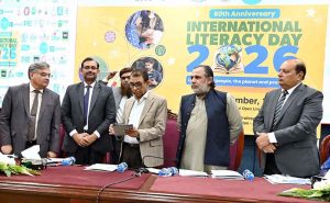 Federal Minister for Federal Education and Professional Training Dr. Khalid Maqbool Siddiqui addresses a seminar marking the 60th Anniversary of International Literacy Day (ILD) 2026 at Allama Iqbal Open University (AIOU).