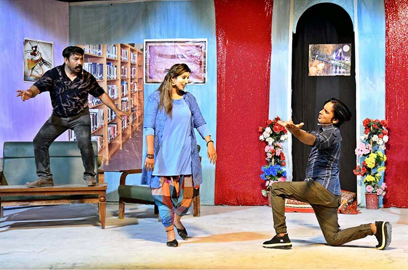 Artists performing in a drama “Very Good ” presented jointly by the Arts Council of Pakistan Karachi and Larkana during the Sindh Drama Festival 2026 at Z.A. Bhutto Open-Air Theatre Arts Council