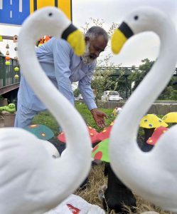 Garden decoration items are displayed at a park road to attract gardening enthusiasts in the federal capital.