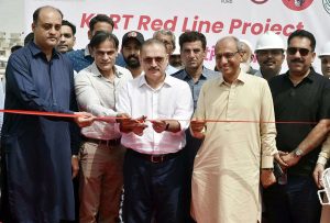 Senior Sindh Minister for Information, Transport and Mass Transit Sharjeel Inam Memon inaugurates the Mosamiat Flyover