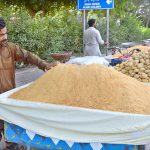 Along a busy road, a roadside vendor displays a large quantity of gur (jaggery) and shakkar (unrefined sugar) to attract customers