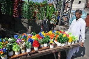 A vendor displaying artificial flower pots to attract customers on his cart along roadside