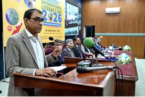 Federal Minister for Federal Education and Professional Training Dr. Khalid Maqbool Siddiqui addresses a seminar marking the 60th Anniversary of International Literacy Day (ILD) 2026 at Allama Iqbal Open University (AIOU).