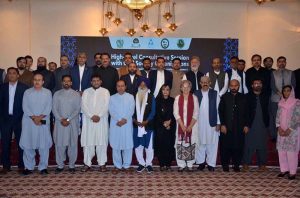Federal Minister for National Heritage and Culture Aurangzeb Khan Khichi and Balochistan Minister for Home and Tribal Affairs Zia Ullah Langau pose for a group photograph with representatives of civil society organizations at the conclusion of a high-level consultative session on regional realities, regulatory environment and strategic alignment, hosted by PPAF in collaboration with CoE-CVE Balochistan