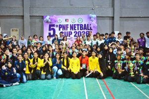 A group photo of all Net ball team players during closing ceremony of 5th PNF net ball cup 2026 at Hyderabad club