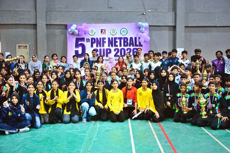 A group photo of all Net ball team players during closing ceremony of 5th PNF net ball cup 2026 at Hyderabad club