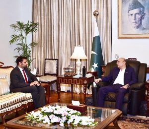 President Asif Ali Zardari in a meeting with Ambassador-designate of Pakistan to China Dr. Syed Ali Asad Gilani at Aiwan-e-Sadr.