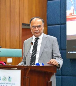 Federal Minister for Planning, Development and Special Initiatives Ahsan Iqbal addresses the inaugural session of an international conference on “Education, Research and Action” at Allama Iqbal Open University.