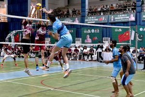 Players in action during volleyball match between Faisalabad and D.G Khan Volley ball teams during Pak-China Friendship Games to celebrate 75 years of diplomatic ties between Pakistan and China at multiple venues of the Nishtar Park Sports Complex