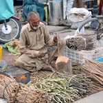 An elderly vendor busy making traditional toothbrush “Miswak” at Clock Tower Chowk to earn livelihood for his family