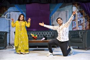 Artists performing in a Sindhi drama "Hojamalo" presented jointly by the Arts Council of Pakistan Karachi and Larkana during the Sindh Theatre Festival 2026 at Z.A. Bhutto Open-Air Theatre Arts Council Larkana