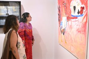 Visitors take keen interest in artworks by artists during the group exhibition titled “Figure, Form & Field” at Gallery 6.