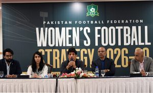 President Pakistan Football Federation (PFF) Syed Mohsen Gilani addresses a press conference on the Women’s Football Strategy 2026-2030, a roadmap for the growth, development and future of women’s football in Pakistan at local Hotel