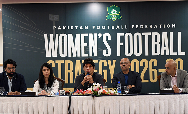 President Pakistan Football Federation (PFF) Syed Mohsen Gilani addresses a press conference on the Women’s Football Strategy 2026-2030, a roadmap for the growth, development and future of women’s football in Pakistan at local Hotel
