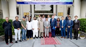 EU Ambassador to Pakistan Raimundas Karoblis, President Sialkot Chamber of Commerce and Industry Syed Ahtisham Gilani, President Women’s Chamber of Commerce Dr. Maryam Noman and members of the business community pose for a group photograph at SCCI