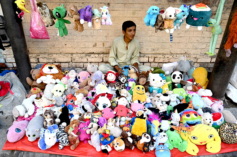 A roadside vendor waits for customers while displaying second-hand toys to attract passersby at his stall in the provincial capital