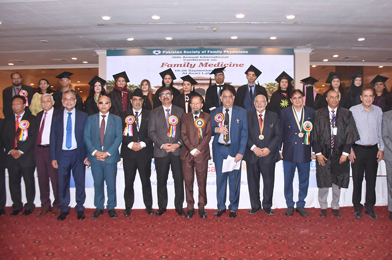 Participants of the Annual Conference organized by the Society of Family Physicians—including General (R) Nadeem Fazal (Principal, Army Medical College), Professor Sair Afzal, Dr. Masood Sheikh, and Col (R) Muhammad Aamir—posing for a group photo at a local hotel