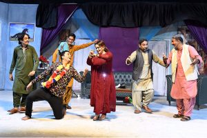 Artists performing in a Sindhi drama "Hojamalo" presented jointly by the Arts Council of Pakistan Karachi and Larkana during the Sindh Theatre Festival 2026 at Z.A. Bhutto Open-Air Theatre Arts Council Larkana