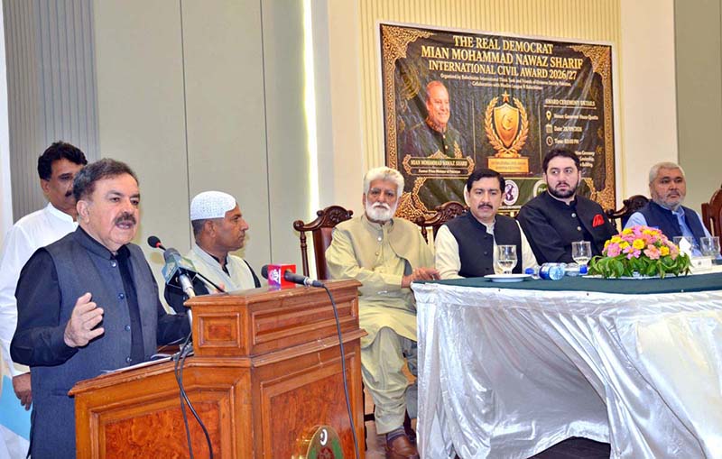 Balochistan Governor Sheikh Jaffar Khan Mandokhail addresses a ceremony for the Real Democrat Mian Mohammad Nawaz Sharif International Civil Award 2026–27 at the Governor House