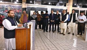 Federal Minister for National Heritage and Culture Aurangzeb Khan Khichi inaugurates the “Saqi Nama” painting exhibition, featuring works by artists Geytee Ara, Lubna Jehangir and Zara Haider Babry, at Lok Virsa Heritage Museum, exhibition pays tribute to philosopher-poet Allama Muhammad Iqbal.