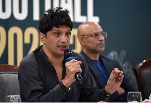 President Pakistan Football Federation (PFF) Syed Mohsen Gilani addresses a press conference on the Women’s Football Strategy 2026-2030, a roadmap for the growth, development and future of women’s football in Pakistan at local Hotel