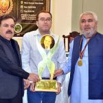Balochistan Governor Sheikh Jaffar Khan Mandokhail presents the Real Democrat Mian Mohammad Nawaz Sharif International Civil Award 2026–27 to former Speaker of the Balochistan Assembly, Jamal Shah, at the Governor House
