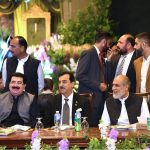 Acting President Syed Yousuf Raza Gilani with former Chairman Senate Muhammad Sadiq Sanjrani and Federal Minister for Science and Technology Khalid Hussain Magsi at a wedding reception