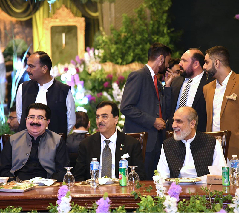 Acting President Syed Yousuf Raza Gilani with former Chairman Senate Muhammad Sadiq Sanjrani and Federal Minister for Science and Technology Khalid Hussain Magsi at a wedding reception