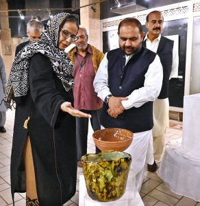 Federal Minister for National Heritage and Culture Aurangzeb Khan Khichi inaugurates the “Saqi Nama” painting exhibition, featuring works by artists Geytee Ara, Lubna Jehangir and Zara Haider Babry, at Lok Virsa Heritage Museum, exhibition pays tribute to philosopher-poet Allama Muhammad Iqbal.