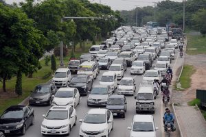 A view of a massive traffic jam at Chak Shahzad Road in the Federal Capital