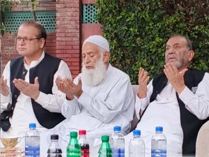 Minister of State for Development and Empowerment Chaudhry Armaghan Subhani and Provincial Minister for Labour Muhammad Manshaullah Butt offer condolences and recite Fatiha for the father of Captain Rana Ziaullah Shaheed in Dobarji Malhian.