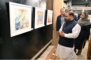 Federal Minister for National Heritage and Culture Aurangzeb Khan Khichi inaugurates the “Saqi Nama” painting exhibition, featuring works by artists Geytee Ara, Lubna Jehangir and Zara Haider Babry, at Lok Virsa Heritage Museum, exhibition pays tribute to philosopher-poet Allama Muhammad Iqbal.