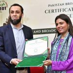 Federal Minister for Information and Broadcasting Attaullah Tarar presents certificates to participants of RJ and broadcasting internship training program 2026 at Radio Pakistan