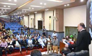 Federal Minister for Planning, Development and Special Initiatives Professor Ahsan Iqbal addresses the “Business Excellence Award Ceremony for SMEs & Top Exporters of Faisalabad” at the Faisalabad Chamber of Commerce & Industry (FCCI), marking its 50 years of excellence.