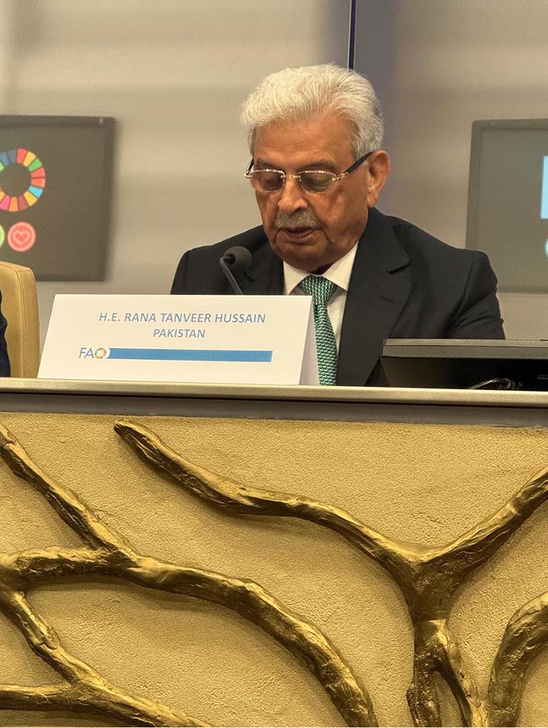 Federal Minister for National Food Security and Research, Rana Tanveer Hussain, addressing the high-level session on "FAO and the Pandemic Fund: Building Robust Animal Health Systems and Sustainable Solutions to Prevent the Next Pandemic" at FAO Headquarters