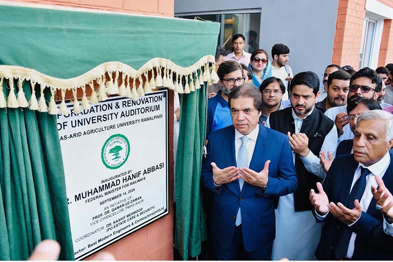 Federal Minister for Railways Muhammad Hanif Abbasi inaugurated the upgraded auditorium at Pir Mehr Ali Shah Arid Agriculture University, completed in record time. He reaffirmed that Pakistan is a nuclear power and no one can cast an evil eye on the country, stressing national unity and Pakistan-first thinking