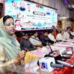 MNA Nafisa Shah addresses a seminar titled “Sindh is Motherland,” organized by Pakistan Peoples Party Sindh at Sachal Banquet Hall on PTS Road
