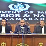 Federal Interior Minister Mohsin Naqvi addresses a press conference at the Jinnah Convention Centre