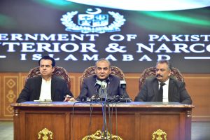 Federal Interior Minister Mohsin Naqvi addresses a press conference at the Jinnah Convention Centre