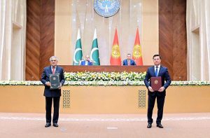 Prime Minister Muhammad Shehbaz Sharif witnesses a ceremony of exchange of MoUs in various sectors between Pakistan and Kyrgyzstan, in Yntymak-Ordo (Palace of Unity).