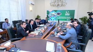 Federal Minister for Economic Affairs Ahad Cheema chairs a meeting regarding the development of the Karachi Industrial Park.