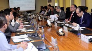 Federal Minister for Finance & Revenue, Senator Muhammad Aurangzeb chairing the meeting to review progress on the closure of PASSCO and USC, at Finance Division.