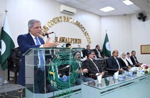 Federal Minister for Law and Justice Senator Azam Nazeer Tarar addressing the ceremony at the Lahore High Court Bar Association, Rawalpindi Bench.
