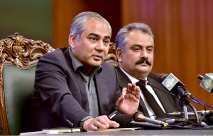 Federal Interior Minister Mohsin Naqvi addresses a press conference at the Jinnah Convention Centre