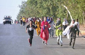 Participants run during a World Peace Day Marathon organized at Mazar-e-Quaid, Karachi, under the auspices of Pakistan Peace Ambassador Aurangzeb Sultan and Shamim Mumtaz Sports Academy, in collaboration with Deputy Commissioner Karachi East Nasrullah Abbasi and Assistant Commissioner Karachi East Mohammad Nawaz Ghamro