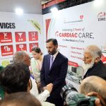 Federal Minister for National Health Services, Regulations and Coordination Syed Mustafa Kamal visiting a stall established in 23rd Health Asia International Exhibition and Conference at Expo Centre