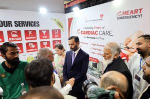 Federal Minister for National Health Services, Regulations and Coordination Syed Mustafa Kamal visiting a stall established in 23rd Health Asia International Exhibition and Conference at Expo Centre