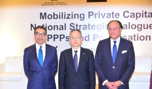 Federal Minister for Finance and Revenue Senator Muhammad Aurangzeb, Adviser to the Prime Minister on Privatisation Muhammad Ali and ADB Vice President Yingming Yang at the National Strategic Dialogue on PPPs and Privatisation and launch of the Pakistan PPP Monitor.
