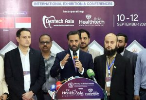 Federal Minister for National Health Services, Regulations and Coordination Syed Mustafa Kamal visiting a stall established in 23rd Health Asia International Exhibition and Conference at Expo Centre