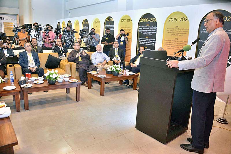 Federal Minister for Planning, Development and Special Initiatives Ahsan Iqbal addresses the ceremony of Pakistan International Auto Show 2026, organized by the Pakistan Association of Automotive Parts & Accessories Manufacturers at the Expo Centre